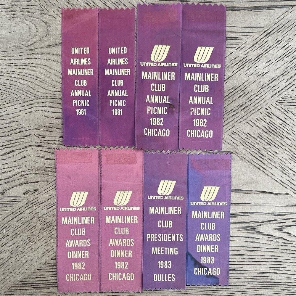 Vintage United Airlines 80's Event Badge Ribbons Picnic‎ Awards Dinner Lot of 8